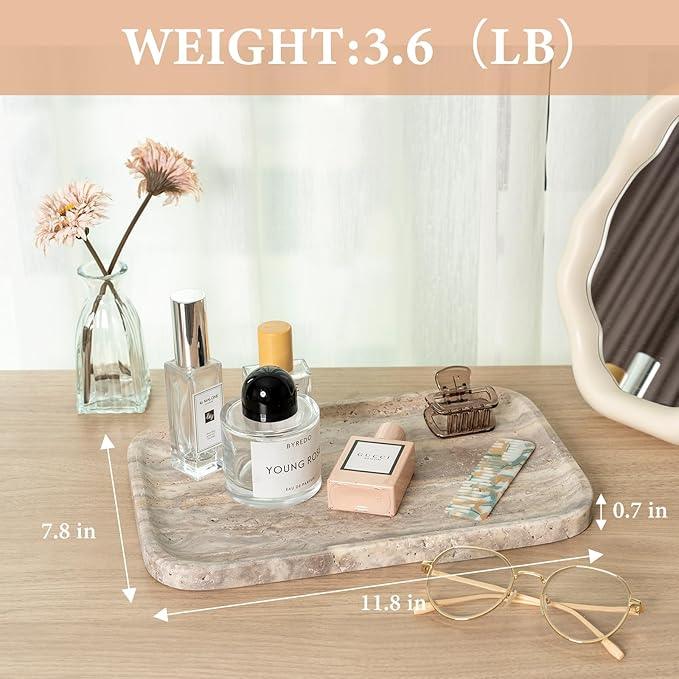 Karibiber Marble Vanity Trays, Travertine Bathroom Tray, Decorative Tray for Dresser Countertop, Grey Stone Serving Holder for Kitchen, Storage Trays for Perfume, Jewelry Candle Organizer - ModernBath
