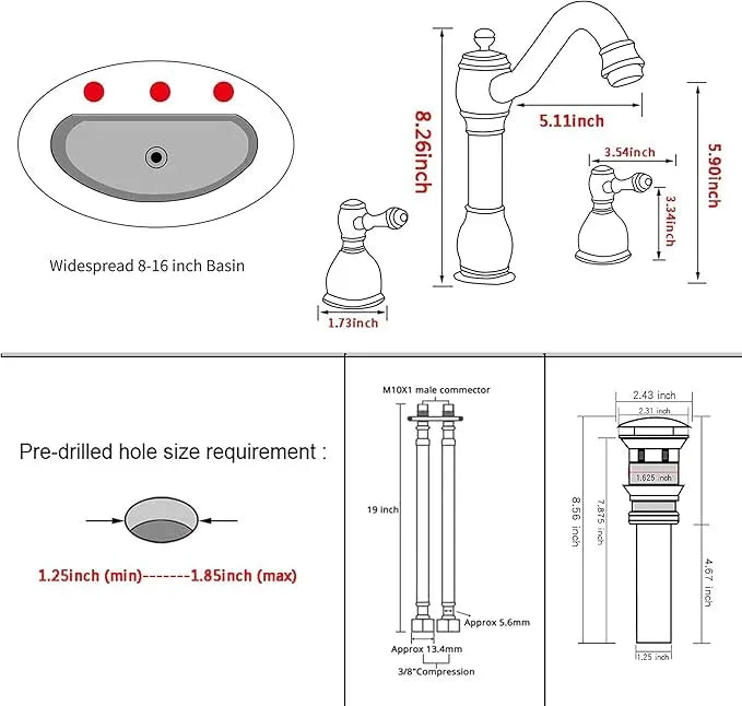 GGStudy 2 Handles 3 Holes Faucet Widespread Bathroom Sink Faucet Basin Tap Mixer Supply Hose Included Matching Pop Up Drain Oil Rubbed Bronze - ModernBath