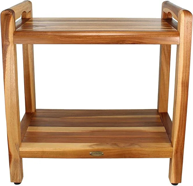 EcoDecors Eleganto 22" H Seat / 24" H Total Extended Height Teak Shower Bench | Supports up to 250 lbs, Safe and Stable Seating | Waterproof Wood Stool for Bathroom | Built-in Shelf - ModernBath