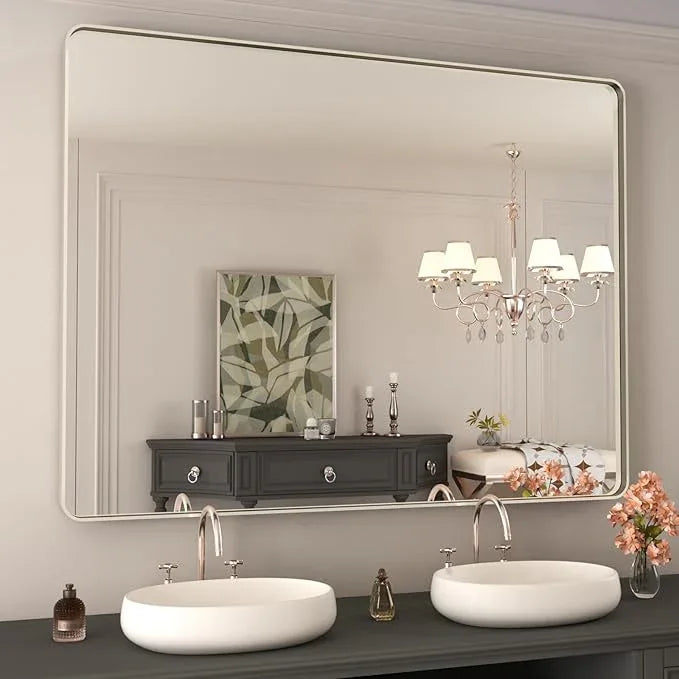WEER 48X36 Inch Brushed Nickel Bathroom Mirror, Brushed Silver Metal Frame Mirror, Rounded Rectangle Silver Bathroom Vanity Mirror, Tempered Glass, Anti-Rust, Hangs Horizontally or Vertically - ModernBath