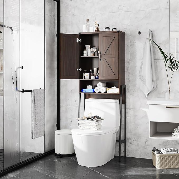 Over The Toilet Storage Cabinet with 2-Door Design Bathroom Organizers and Storage with Anti-Tip Device Over Toilet Organizer with Shelves for Bathroom,Restroom,Laundry Espresso - ModernBath