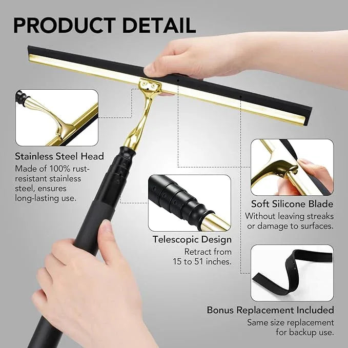 Shower Squeegee with Long Handle, 15-51" Telescopic Squeegee for Window Cleaning, Window Squeegee for Glass Doors, Extendable Window Cleaner Tool for Tile Walls, Sliding Door, Floor, Car Windshield-GD - ModernBath