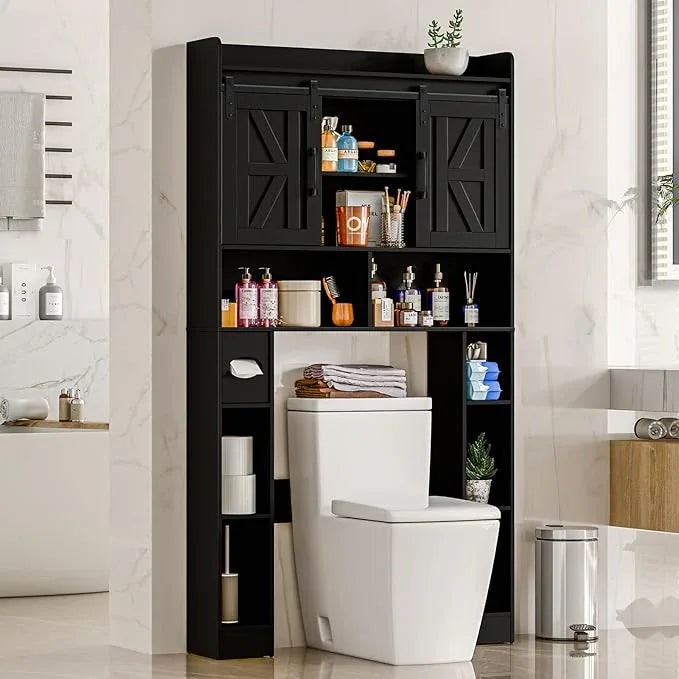 Farmhouse Storage Cabinet Over Toilet with Sliding Doors，Over The Toilet Storage Cabinet, Home Space-Saving Toilet Rack, for Bathroom, Restroom, Laundry.Pure Black - ModernBath