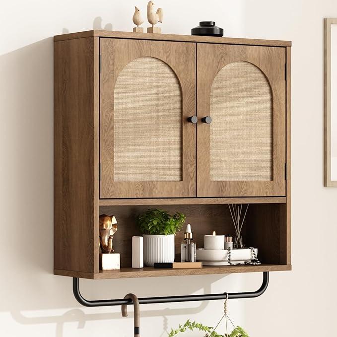 RUSTOWN Rattan Bathroom Wall Cabinet, Boho Medicine Cabinet with 2 Arched Doors, Farmhouse Over The Toilet Storage Cabinets with Adjustable Shelves & Towel Bar, 3-Tier Wall Mounted Cabinets - ModernBath