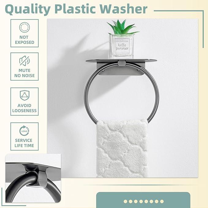 APLusee Gunmetal Gray Towel Ring with Shelf, 304 Stainless Steel Bathroom Towel Holder, Wall Mounted Swivel Loop for Kitchen Shower, Rustproof & Easy to Install - ModernBath