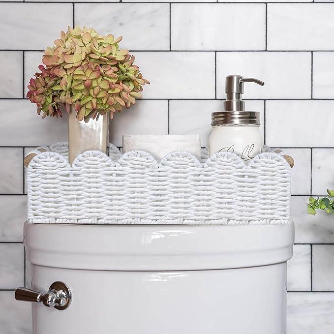 CubesLand Scalloped Edge Toilet Paper Storage Basket, Living Room Home Cozy Decor Basket, Paper Rope Small Baskets for Over Toilet Storage Shelf, End Table, Shelves, with 2 Wooden Handles, White - ModernBath