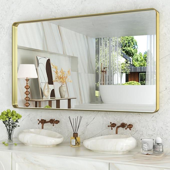 WEER Gold Bathroom Mirror, 55X30 Inch Brushed Gold Metal Frame Mirror, Rounded Rectangle Gold Bathroom Vanity Mirror for Wall, Tempered Glass, Anti-Rust, Hangs Horizontally or Vertically - ModernBath
