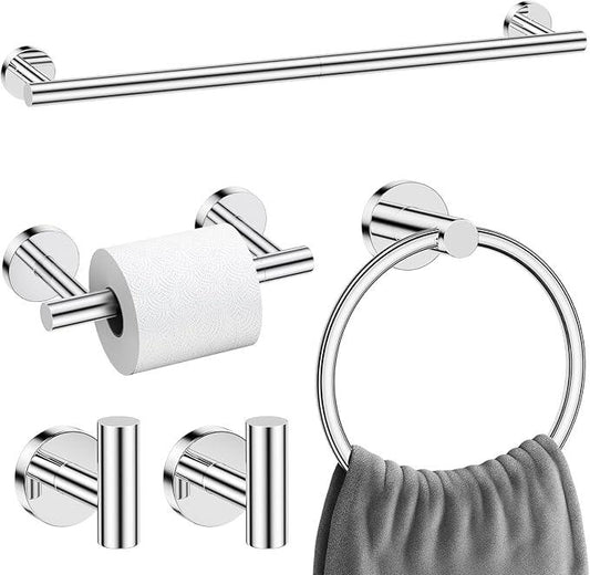 5 Pieces Polished Chrome Round Towel Bar Set Bathroom Hardware Accessories Set Upgraded Toilet Paper Holder Towel Racks Set for Bathroom Stainless Steel Wall Mounted 23.6 in - ModernBath