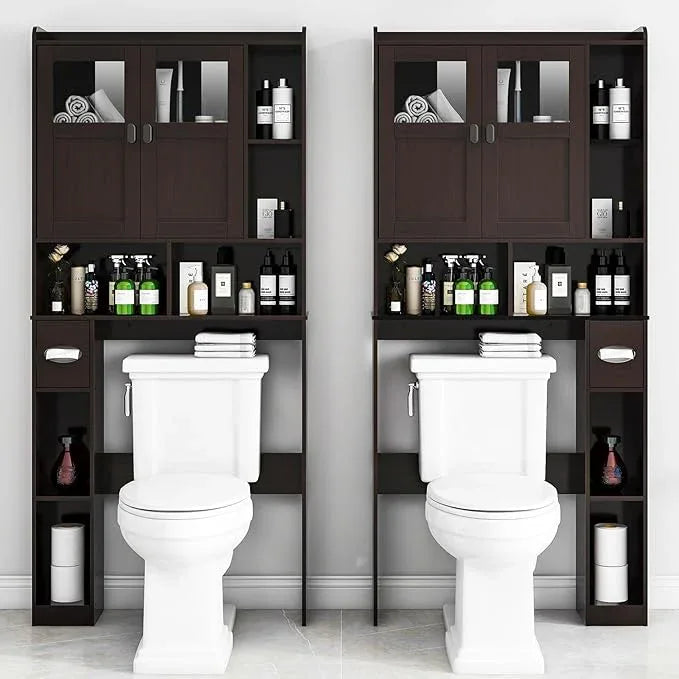 Vabches Over The Toilet Storage Cabinet, Bathroom Shelf Over Toilet with Glass Doors and Adjustable Shelves, Espresso Freestanding Home Space Save Toilet Rack for Restroom, Bathroom, Laundry - ModernBath