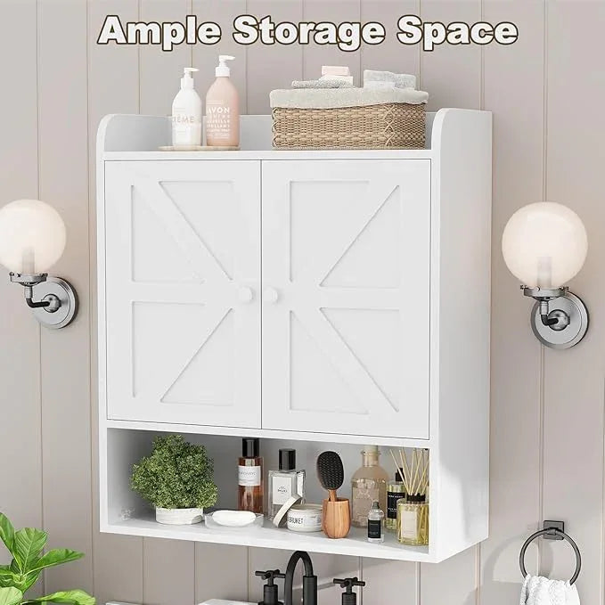 EasyCom Bathroom Cabinet Storage, Farmhouse Medicine Cabinet with Adjustable Shelves and Double Barn Doors, Over The Toilet Storage Cabinet for Bathroom, Kitchen, Living Room, White - ModernBath