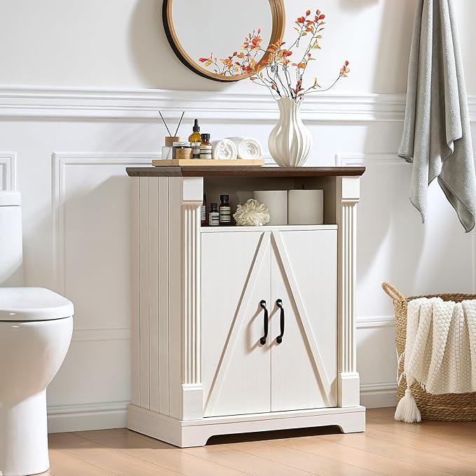 24" Farmhouse Storage Cabinet – Antique White Freestanding Buffet Sideboard with Barn Doors, Adjustable Shelf, Small Coffee Bar for Kitchen, Bathroom & Living Room - ModernBath