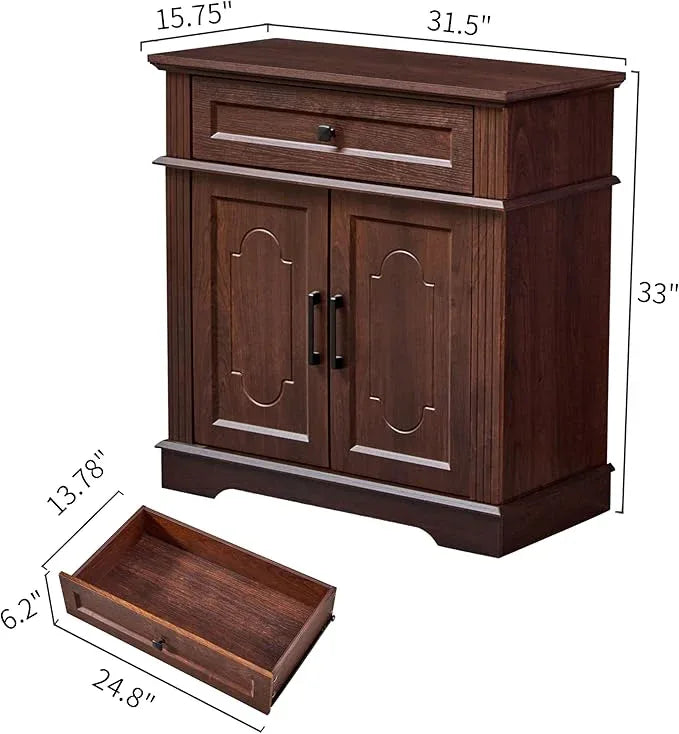 Farmhouse Storage Cabinet with 2 Doors and 1 Drawer, Adjustable Shelf, Freestanding Kitchen Pantry Cabinet, Modern Buffet Sideboard Coffee Bar Cabinet Living Room Bathroom Dining Room Cherry - ModernBath