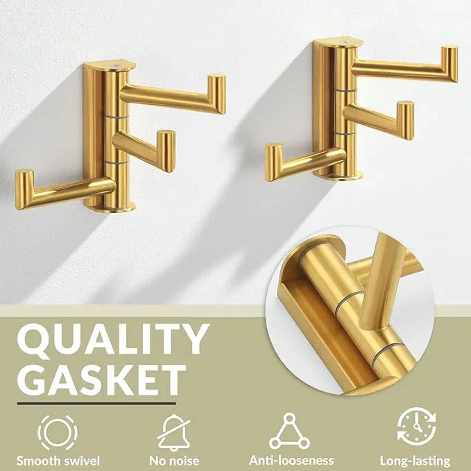 APLusee Brushed Gold Swivel Towel Hook 2 Pack, 304 Stainless Steel Triple Clothes Hook, Wall Mount - ModernBath