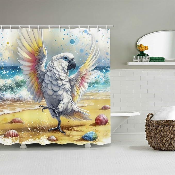 LYFANS Bathroom Uses A Dancing White Parrot On The Beach 3D Shower Curtain, Luxury Bathtub Standard Shower Curtain, Waterproof and Bright Fabric Shower Curtains, Size (72x72 Inches) - ModernBath