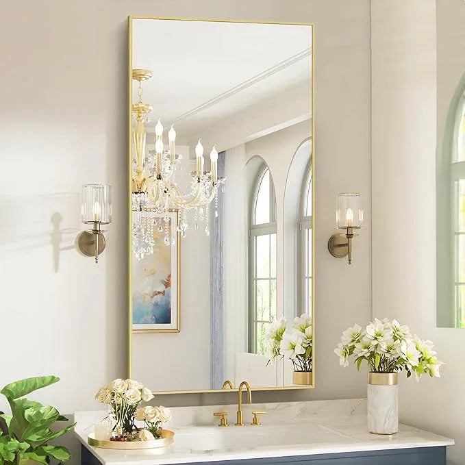 COFENY 48x24In Gold Bathroom Mirror for Wall, Brushed Gold Rectangle Mirrors with Metal Frame, Bathroom Rectangular Mirror Modern Wall Mirror for Bedroom Living Room, Hangs Horizontal or Vertical - ModernBath