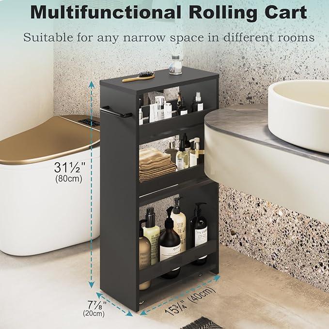 MARTY Rolling Storage Cart 7.9" W, 4-Tier Kitchen Cart with Wheels Handle, Slim Storage Cart Mobile Shelving Utility Carts for Bathroom Laundry Room Organization Narrow Places (All Black) - ModernBath