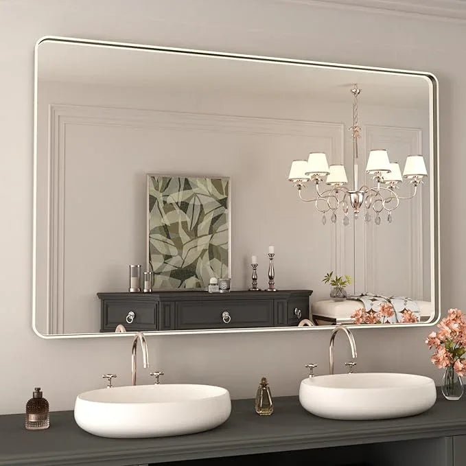 WEER 48X30 Inch Brushed Nickel Bathroom Mirror, Brushed Silver Metal Frame Mirror, Rounded Rectangle Silver Bathroom Vanity Mirror, Tempered Glass, Anti-Rust, Hangs Horizontally or Vertically - ModernBath