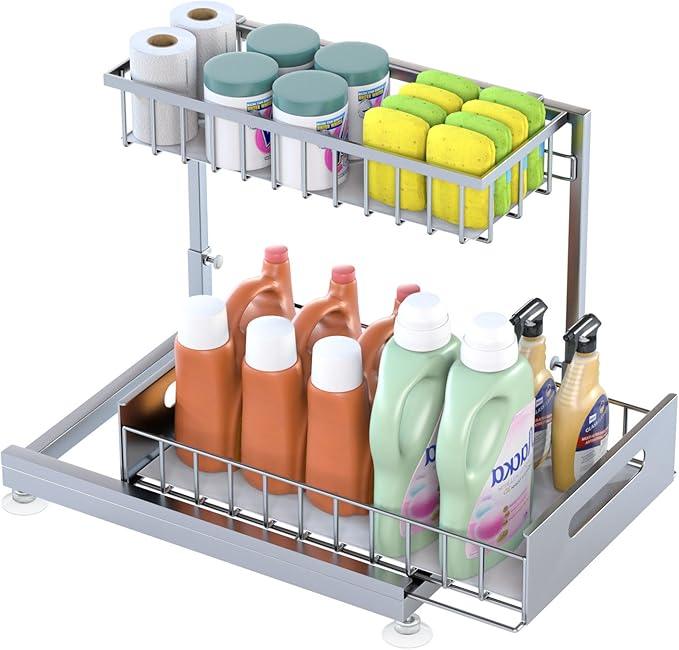 Under Sink Organizer Storage 2-Tier Premium Metal Pull-Out Racks, Height Adjustable, Heavy Dut and Easy Installation for Kitchen & Bathroom Organizers 1 Pack Grey - ModernBath