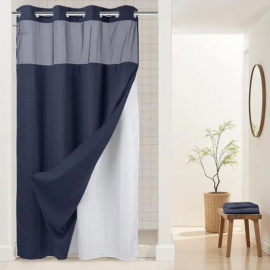 River Dream Heavyweight No Hooks Required Dotted Waffle Weave Shower Curtain with Snap in Liner -Stall 54W x 80H,Hotel Grade,Spa Like Bath Curtain,Navy - ModernBath