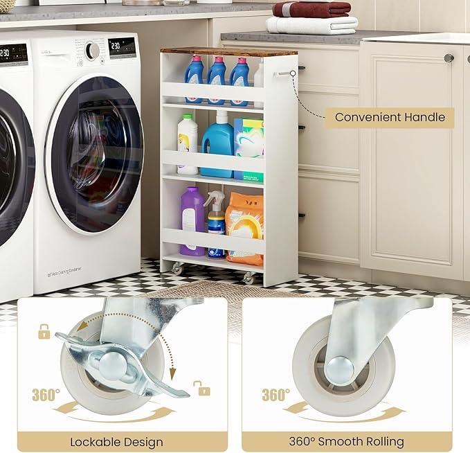Small Kitchen Cart, 4-Tier Slim Rolling Island w/Handle, Laundry Room Storage Organizers Between Washer and Dryer, Narrow Spice Rack on Wheels Next to Fridge (White & Rustic Brown, 8'') - ModernBath
