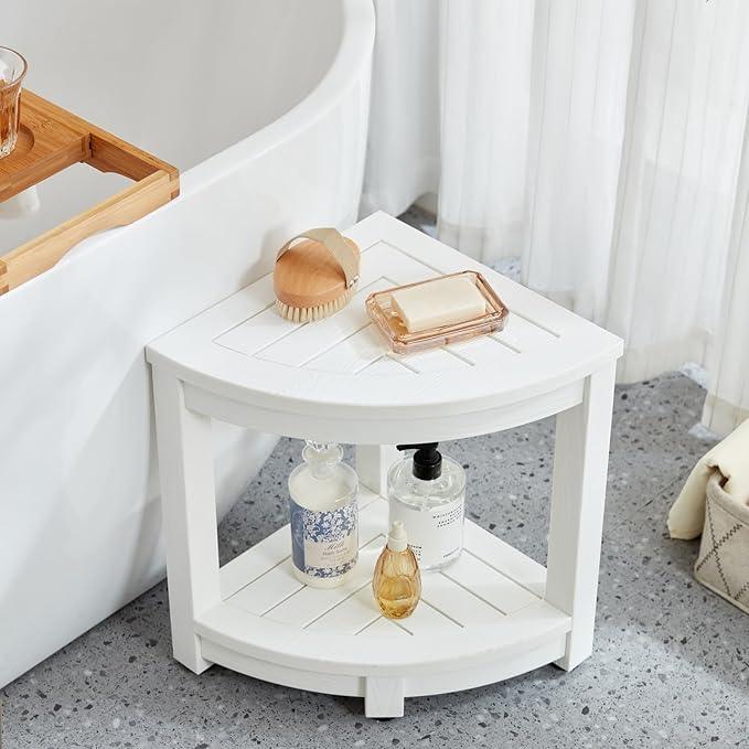 KaimuBench Corner Shower Stool for Inside Shower Waterproof, Poly Lumber Bathroom Shower Corner Bench Seat, Plastic Shower Chair Seat, Shower Shaving Foot Rest with Adjustable Feet, Non-Slip, White - ModernBath