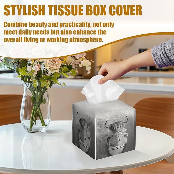 Funny Highland CowTissue Box Cover 2PCS, Leather Tissue Box Holder Square Facial Paper Case Tissue Box Cube Organizer for Bathroom Bedroom Desk Office - ModernBath