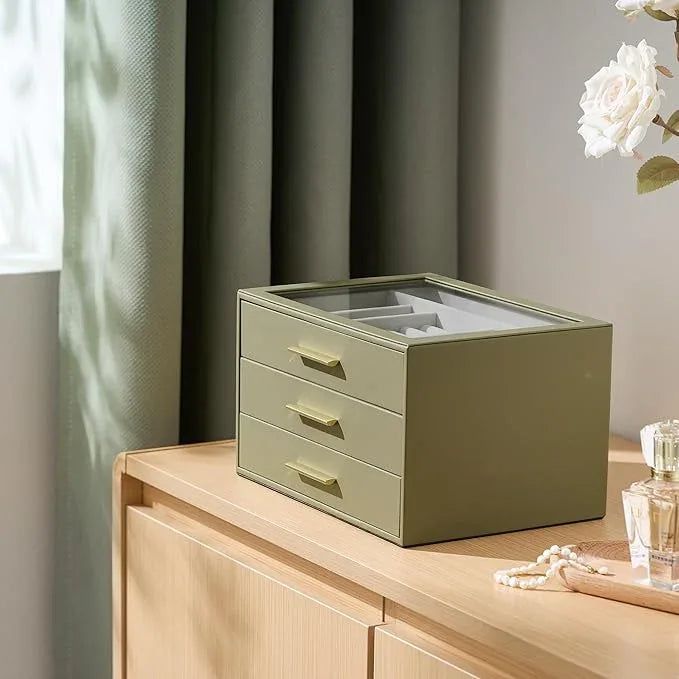 Jewelry Box Organizer Case for Women: 3-Layer Jewelry Storage Case with Glass Window, Olive Green Leather with Cream Velvet, Holder for Ring Necklace Bracelet Brooch Watch, Great Gift for Her - ModernBath