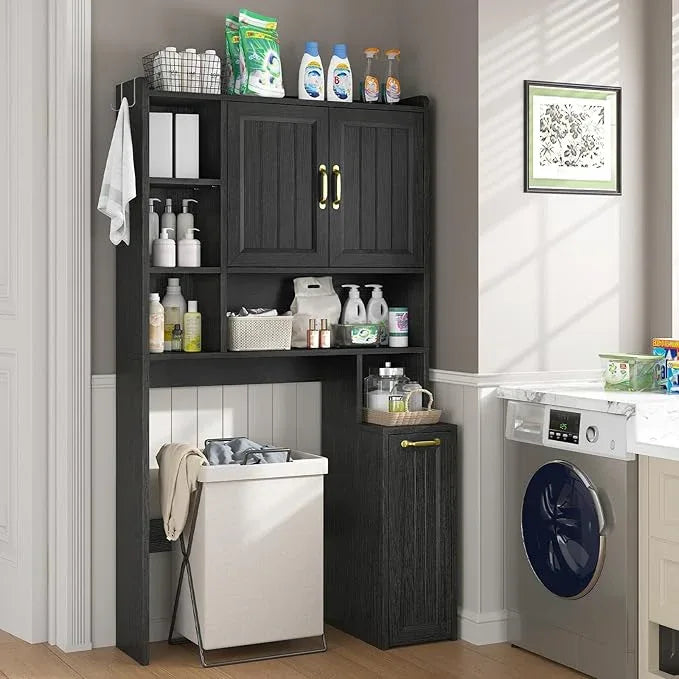 Over The Toilet Storage Cabinet with Pulley, Bathroom Cabinet, Space Saver W/Adjustable Shelf Rack for Bathroom, Restroom, Laundry (Black-Type A) - ModernBath