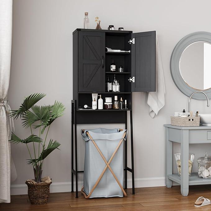 Over The Toilet Storage Cabinet with 2-Door Design Bathroom Organizers and Storage with Anti-Tip Device Over Toilet Organizer with Shelves for Bathroom,Restroom,Laundry Black - ModernBath