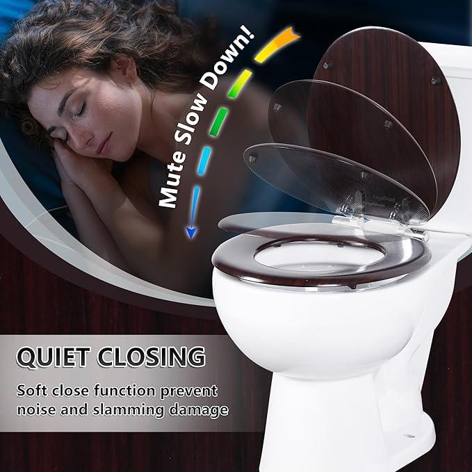 Round Toilet Seat Molded Wood Toilet Seat with Quietly Close and Quick Release Hinges, Easy to Install also Easy to Clean by Angol Shiold (Round, Dark Brown) - ModernBath