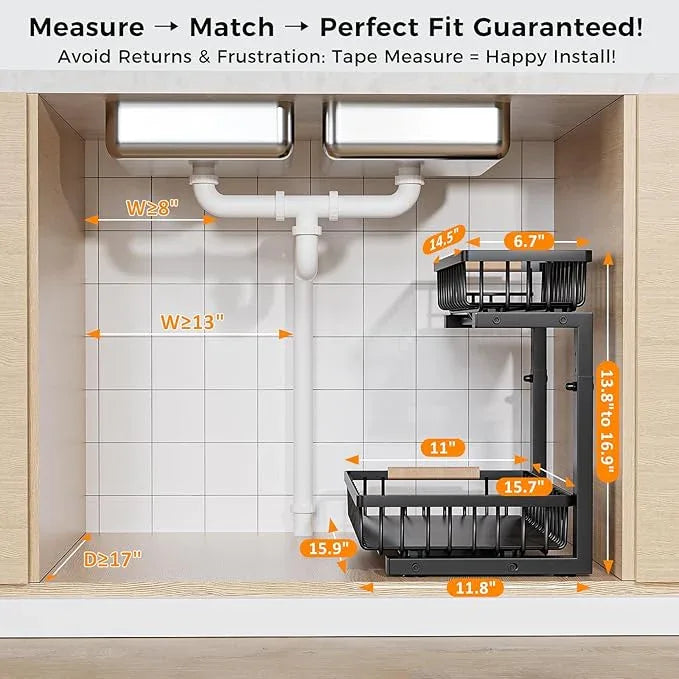 Under Sink Organizer,2 Pack Under Kitchen Sink Organizer,2 Tier Sliding-Out,5 Level Height Adjustable,Thickened Carbon Steel,Anti-rust Treatment,For Kitchen Bathroom Black - ModernBath