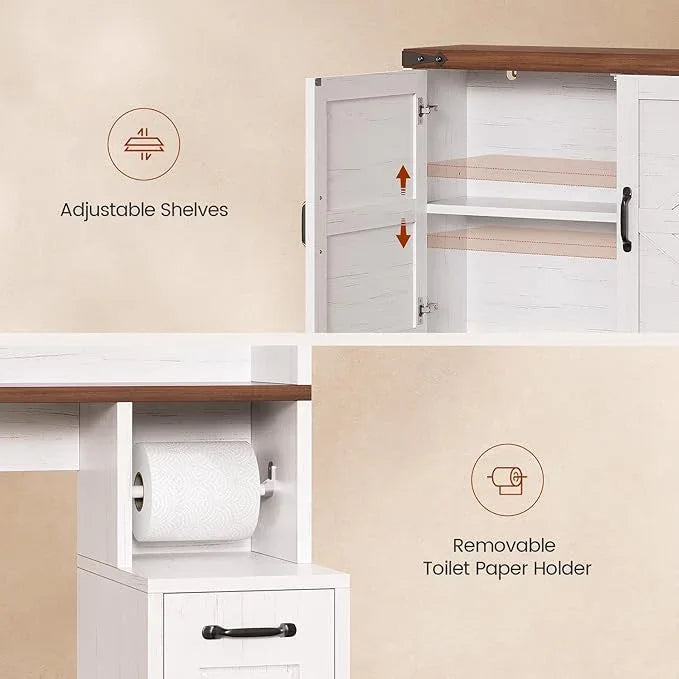 Farmhouse Over The Toilet Storage Cabinet with Pulley Small Bathroom Storage Cabinet, Space Saver W/Adjustable Shelf & Open Shelf for Bathroom, Restroom, Laundry (White Brown-Type B) - ModernBath