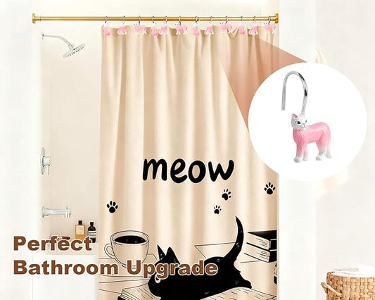 Ruvenis Pink Cat Shower Curtain Hooks Set of 12, Hand-Painted Resin Cat Shower Hooks with Rust-Resistant Metal Rings, Cute Bathroom Accessories