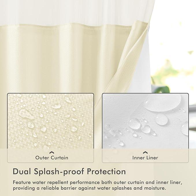 Mrs Awesome No Hook Shower Curtain with Snap-in Liner Less Time On/Off, Embossed Waffle-Look Textured Fabric Shower Curtain for Bathroom, Soft & Lightweight, 71x74, Cream - ModernBath