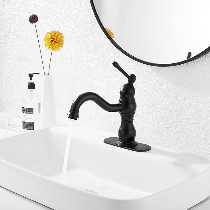 Matte Black Bathroom Faucet GGStudy 360° Swivel Bathroom Vanity Faucet Single Handle One Hole Black Bathroom Sink Faucet Basin Matching Pop Up Drain with Overflow - ModernBath