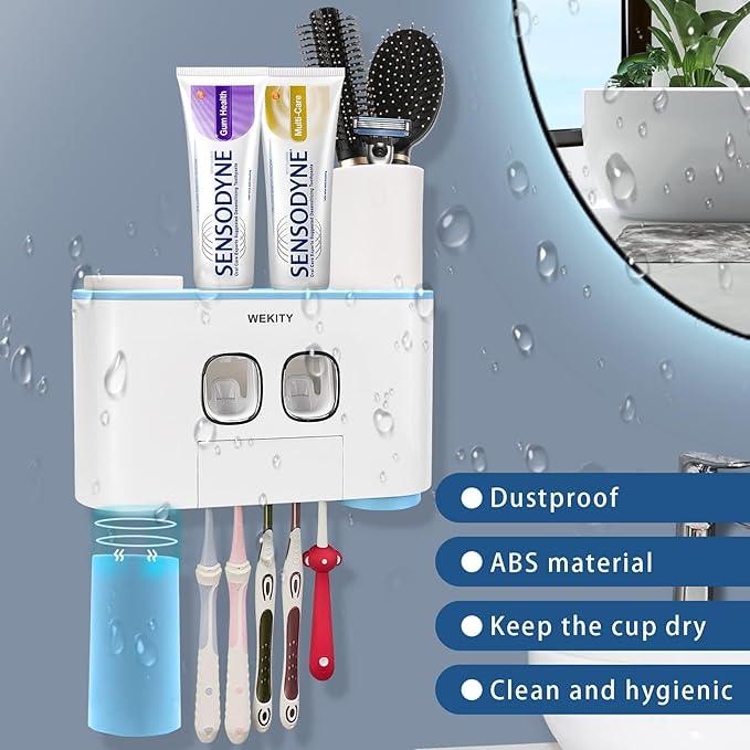 Toothbrush Holder Wall Mounted, WEKITY Multi-Functional Toothbrush and Toothpaste Dispenser for Bathroom, with 5 Toothbrush Slots, 2 Toothpaste Squeezers and 4 Cups(Blue) - ModernBath