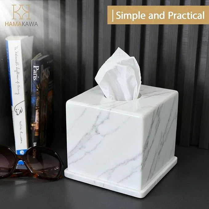 HAMAKAWA Natural Marble Tissue Box Cover, Volakas White Tissue Organizer 6 x 6 x 5.7 inch, Heavy Stone Decorative Box, Square Tissue Box Holder for Home Decor, Kitchen, Bathroom, Bedroom - ModernBath
