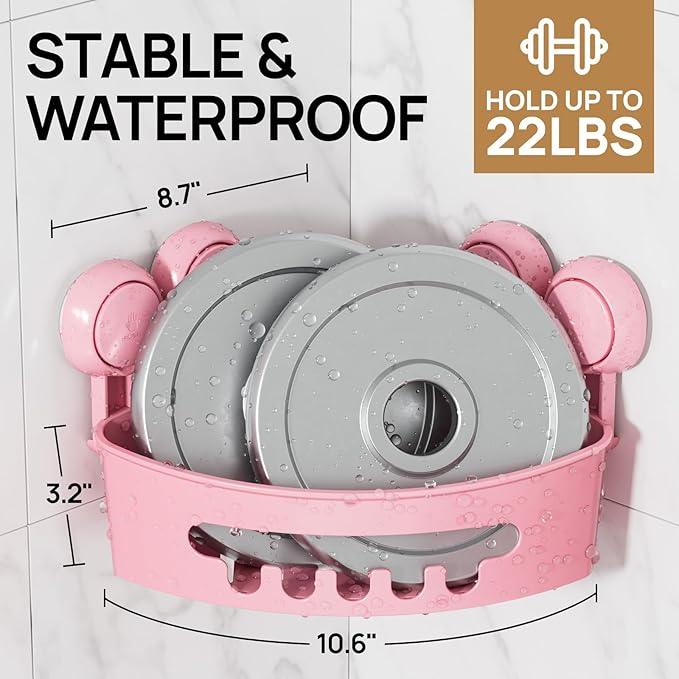 LEVERLOC Corner Shower Caddy Suction Cup, Powerful Suction Bathroom Shower Shelf, Waterproof and Rustproof Organizer for Bathroom Storage and Kitchen, No-Drilling Removable, Pink - ModernBath