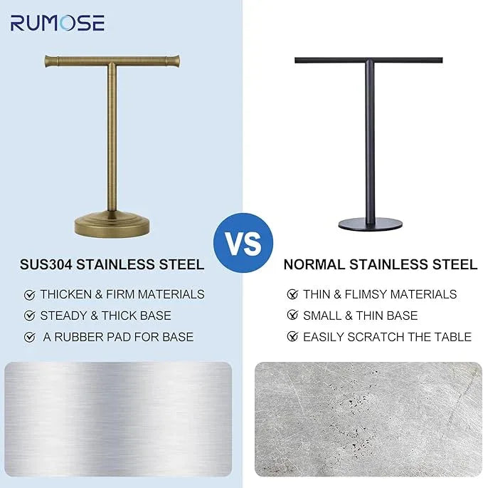RUMOSE 13 Inch Antique Brass Towel Bar Stand Hand Holder Bathroom Kitchen Vanity Countertop T-Shape Towel Rack Free Standing Stainless Steel - ModernBath