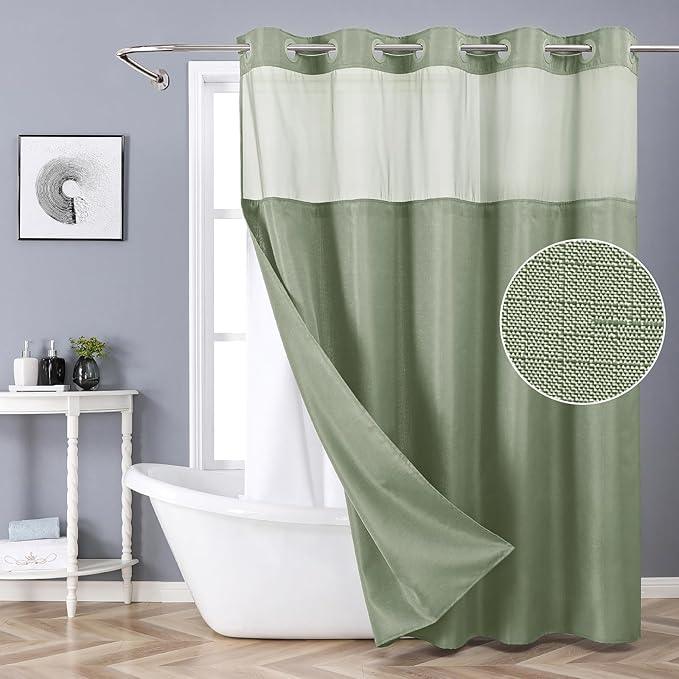 eachope Sage Green No Hook Shower Curtain with Snap-in Fabric Liner Set,Slub Textured Fabric Shower Curtains for Bathroom,Hotel Style Modern Shower Curtain,Water Repellent & Washable,71x74(72) - ModernBath