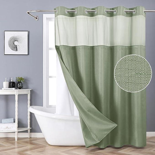 eachope Sage Green No Hook Shower Curtain with Snap-in Fabric Liner Set,Slub Textured Fabric Shower Curtains for Bathroom,Hotel Style Modern Shower Curtain,Water Repellent & Washable,71x74(72) - ModernBath