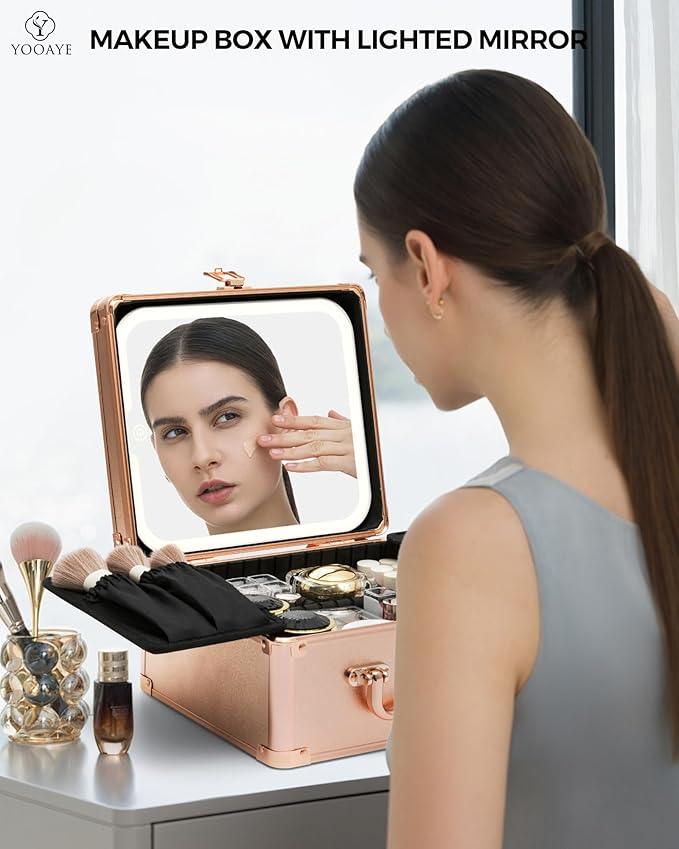 Yooaye Makeup Box with Detachable Lighted Mirror–Travel Train Case, Cosmetic Storage Organizer & Makeup Suitcase with Adjustable Dividers & Magnetic LED Mirror (Rose Gold) - ModernBath
