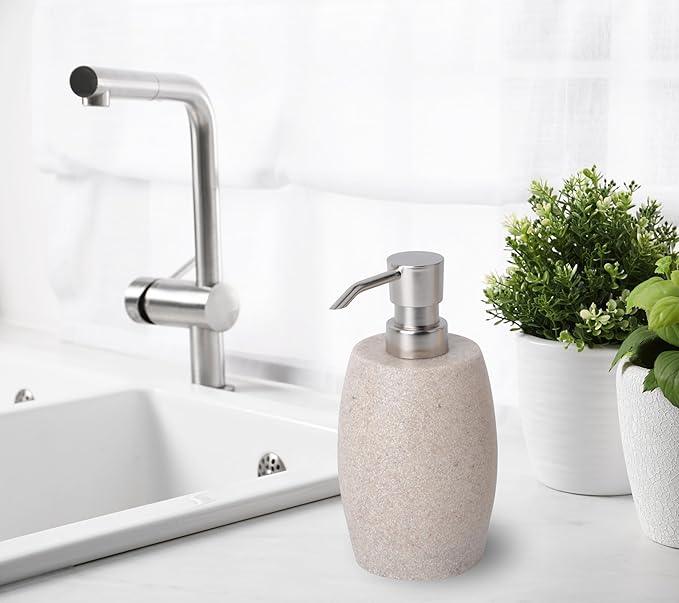 Clasin Home Sandstone Textured Resin Soap Dispenser with Metallic Pump and Waterproof Bottle Labels for Bathroom Kitchen Dish Hand Wash Shower Lotion Shampoo, 12 Oz, Beige - ModernBath