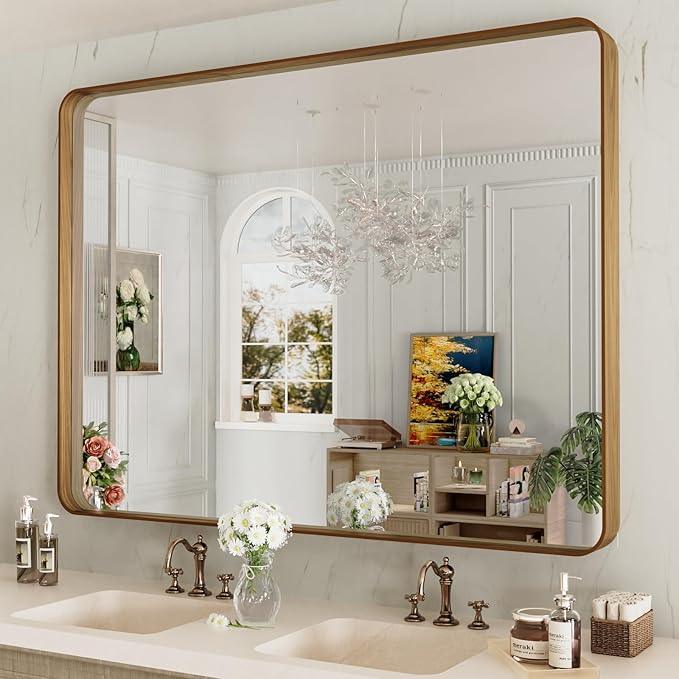 LOAAO 48X36 Inch Bathroom Mirror with Wood Grain Colored Metal Frame, Rounded Rectangle Metal Framed Bathroom Mirror, Anti-Rust, Hangs Horizontally or Vertically, Tempered Glass - ModernBath