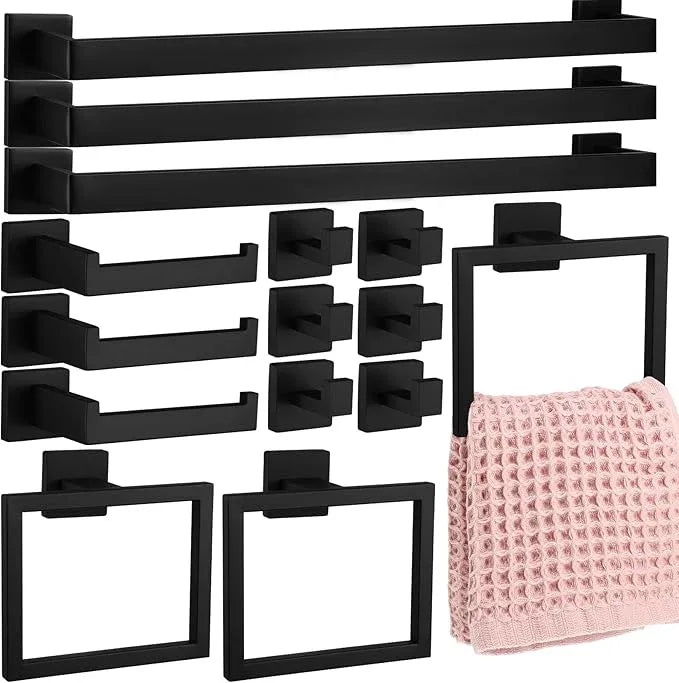 Gisafai 15 Pcs Black Bathroom Hardware Accessories Set 23.6 Inch Bath Towel Bar Kit Stainless Steel Bathroom Hardware Set Towel Racks Ring Robe Hooks Paper Holder for Wall Mounted - ModernBath