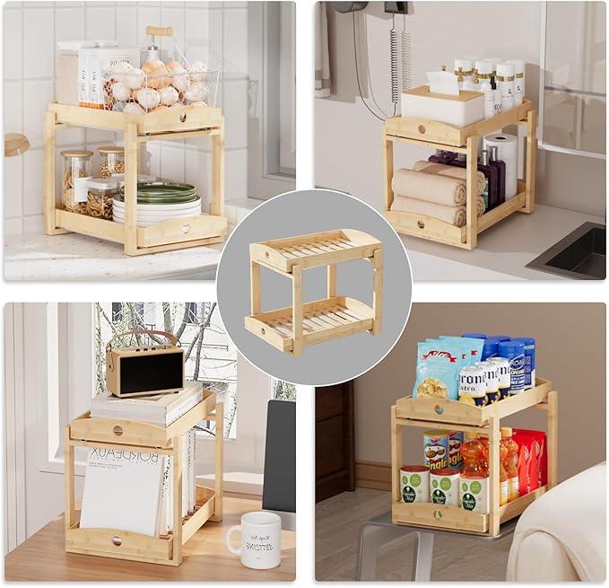 Bamboo Wood Under Sink Organizer 1 Pack, Pull Out Cabinet Organizer 2 Tier Under Sink Organizers and Storage with Sliding Drawer Sturdy Easy Assembly for Kitchen Bathroom Undersink (Nature, 2 Packs) - ModernBath