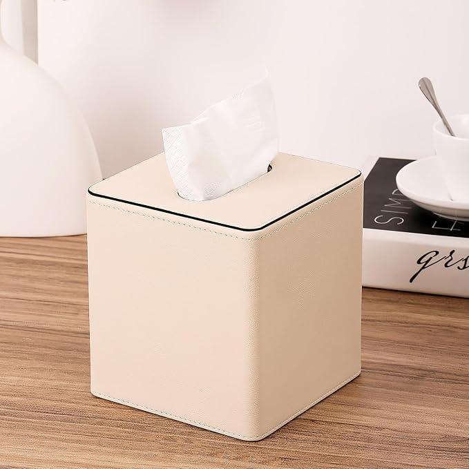 KINGFOM Leather Tissue Box Cover – Square Modern PU Leather Tissue Holder, Cube Tissue Dispenser for Home, Office, Bedroom, Bathroom – Elegant Minimalist Style (Beige-Square) - ModernBath