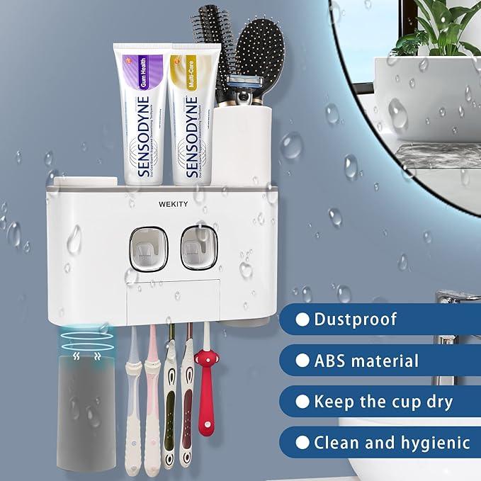 Toothbrush Holder Wall Mounted, WEKITY Multi-Functional Toothbrush and Toothpaste Dispenser for Bathroom, with 5 Toothbrush Slots, 2 Toothpaste Squeezers and 4 Cups(Grey) - ModernBath