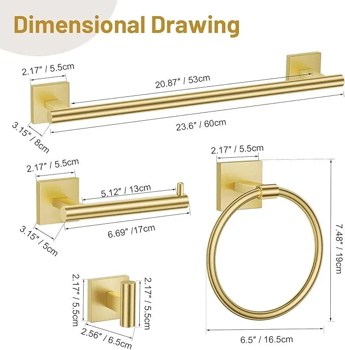 5 Pieces Bathroom Hardware Set Brushed Gold Towel Bar Set Includes 23.6” Towel Bar, Towel Ring Holder, Toilet Paper Holder and Two Towel Hooks, Bathroom Accessories Set SUS304 Wall Mounted - ModernBath
