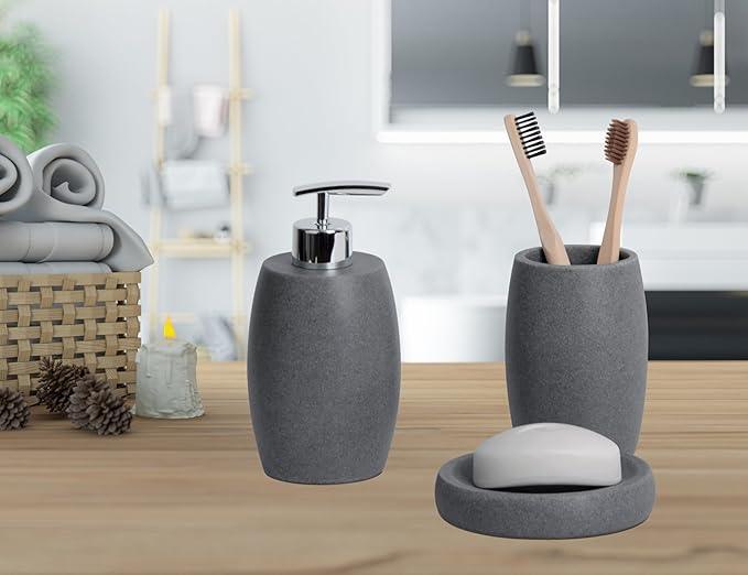 Clasin Home Grey Bathroom Accessories Set 3 PC, Resin Sandstone Look Soap Dispenser, Toothbrush Cup, Soap Dish, Bathroom Soap Dispenser Set for Home Decor and Kitchen - ModernBath